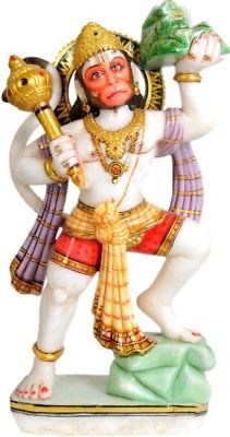 Hanuman Carrying Mountain 19.5''White Marble Craved Statue Hindu Figure - 13.6KG - HolyHinduStore