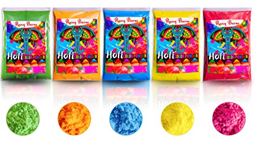 SOFT ON SKIN - Holi Color Powder RANG BARSE -Color Wars,Rangoli Powder,Gulal -PREMIUM QUALITY,NON-TOXIC & EASY CLEAN -5 Pack 100 G(3.5 oz) each Red,Green,Yellow,Blue,Orange - HolyHinduStore