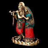 Brass Turquoise Radha Krishna Statue - HolyHinduStore