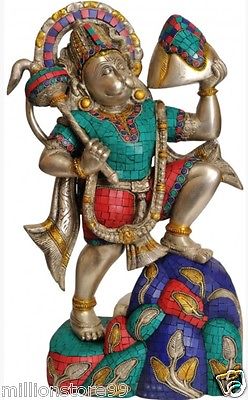 Hanuman Carrying Mountain God Statue 16.5''Silver Hue Brass Hindu 11.4KG - HolyHinduStore