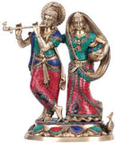 Jai Radha Krishna Fluting God Statue 16.5'' Brass Stone Work Hindu Figure 11.9 KG - HolyHinduStore