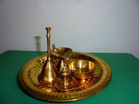 Hindu Puja Brass Thali Om Plate Prayer Bell Bowl Diya Incnese Holder Pooja Aarti - HolyHinduStore