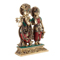 Radha Krishna Statue Hindu Lord Brass Coloful Stone Figurine God Flute Idol Art - HolyHinduStore