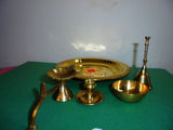 Hindu Puja Brass Thali Om Plate Prayer Bell Bowl Diya Incnese Holder Pooja Aarti - HolyHinduStore