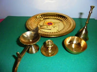 Hindu Puja Brass Thali Om Plate Prayer Bell Bowl Diya Incnese Holder Pooja Aarti - HolyHinduStore