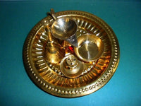 Hindu Puja Brass Thali Om Plate Prayer Bell Bowl Diya Incnese Holder Pooja Aarti - HolyHinduStore