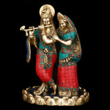 Brass Turquoise Radha Krishna Statue - HolyHinduStore