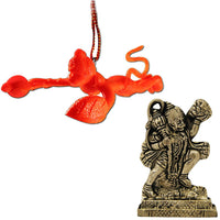 Divya Mantra Combo Of Orange Flying Hanuman Car Mirror Hanging and Hindu God Hanuman Idol Sculpture Statue Murti - HolyHinduStore