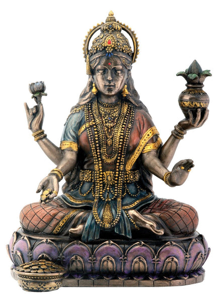 Bronze Hindu Goddess Lakshmi On Lotus Display Statue - HolyHinduStore