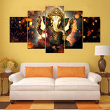 Lord Ganesha Painting - Superior Quality Canvas Printed Wall Art Poster 5 Pieces / 5 Panel Wall Decor, Home Decor Pictures - With Wooden Frame Option - HolyHinduStore