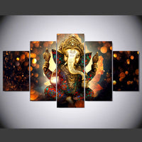 Lord Ganesha Painting - Superior Quality Canvas Printed Wall Art Poster 5 Pieces / 5 Panel Wall Decor, Home Decor Pictures - With Wooden Frame Option - HolyHinduStore