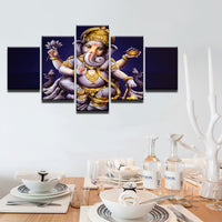 Ganesha Painting - Superior Quality Canvas HD Printed Wall Art Poster 5 Pieces / 5 Panel Wall Decor, Home Decor Pictures - With Wooden Frame - HolyHinduStore