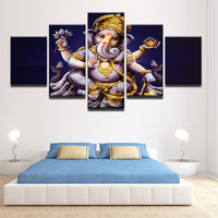 Ganesha Painting - Superior Quality Canvas HD Printed Wall Art Poster 5 Pieces / 5 Panel Wall Decor, Home Decor Pictures - With Wooden Frame - HolyHinduStore