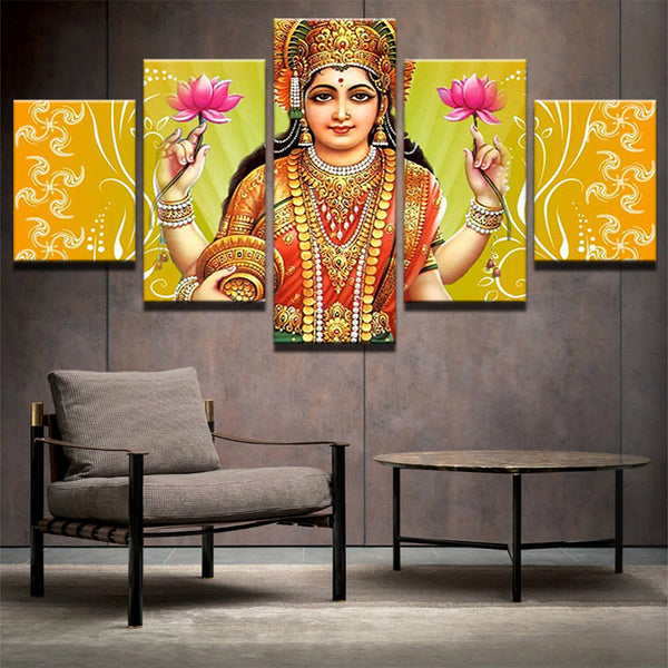 Canvas Painting Living Room Wall Poster 5 Panel Indian God Laksmi Frames In Modular Print  Modern Decoration Pictures - HolyHinduStore