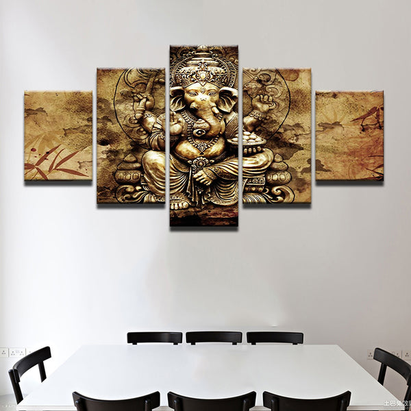 Lord Ganesha Painting - Superior Quality Canvas HD Printed Wall Art Poster 5 Pieces / 5 Panel Wall Decor, Home Decor Pictures (Frame not included) - HolyHinduStore