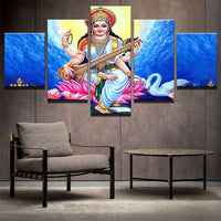 Home Decor Modular Decoration Painting Canvas Frame 5 Panel Sarswathi -  Knowledge  God Art Pictures Modern Wall For Living Room - HolyHinduStore