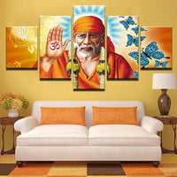 Sai Baba painting - Superior Quality Canvas Printed Wall Art Poster 5 Pieces / 5 Panel Wall Decor, Home Decor Pictures - With Wooden Frame - HolyHinduStore