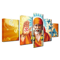 Sai Baba painting - Superior Quality Canvas Printed Wall Art Poster 5 Pieces / 5 Panel Wall Decor, Home Decor Pictures - With Wooden Frame - HolyHinduStore