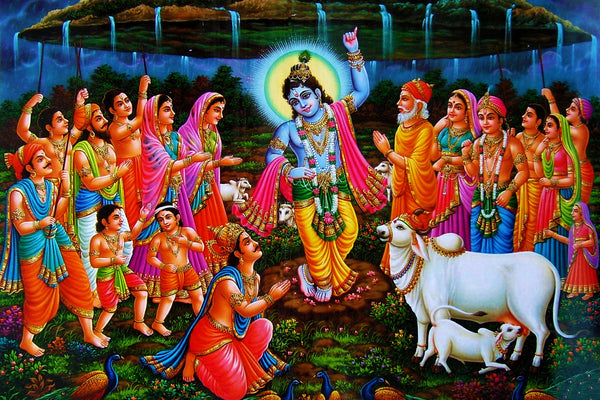 Govardhan / Krishna Puja poster  - Superior Quality Silk Fabric Home Decor - HolyHinduStore