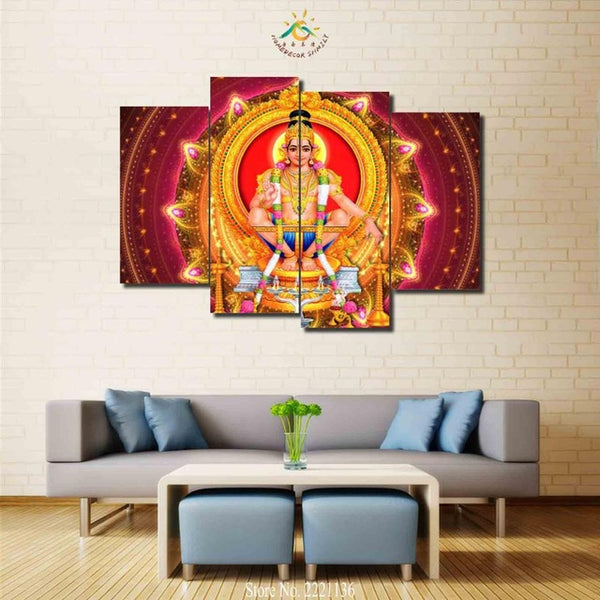 Lord Ayyappa Painting - Superior Quality Canvas Printed Wall Art Poster 4 Pieces / 4 Panel Wall Decor, Home Decor Pictures - HolyHinduStore