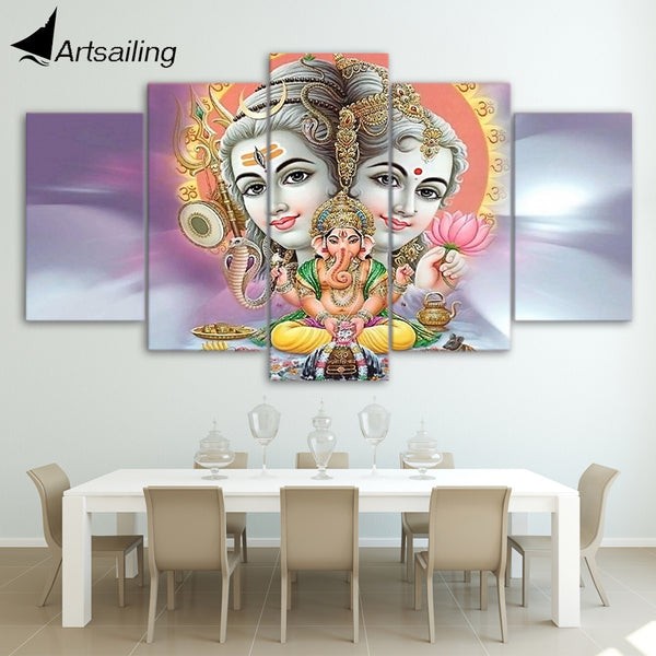 HD Printed 5 Piece Canvas Art hindu ganehsa Shiva Parvathi canvas Lord shiva parvati ganesh - HolyHinduStore