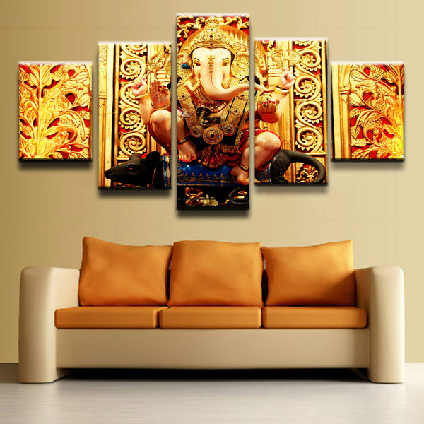 Lord Ganesha Painting - Superior Quality Canvas Printed Wall Art Poster 5 Pieces / 5 Panel Wall Decor, Home Decor Pictures - HolyHinduStore