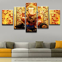 Lord Ganesha Painting - Superior Quality Canvas Printed Wall Art Poster 5 Pieces / 5 Panel Wall Decor, Home Decor Pictures - HolyHinduStore