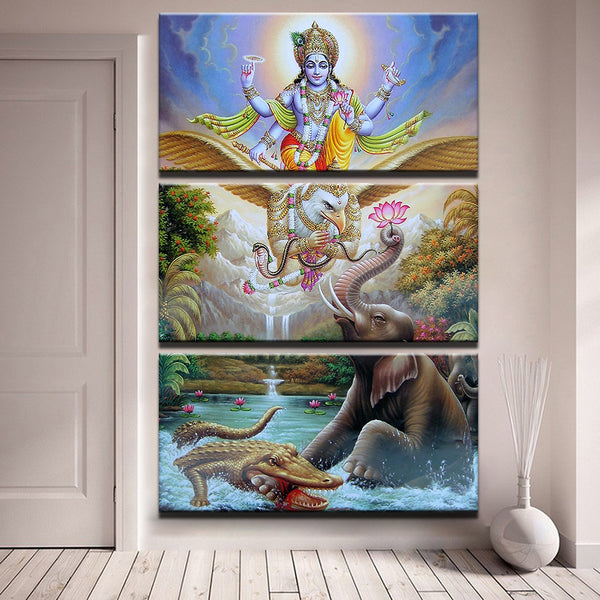Canvas Pictures HD Prints Wall Art 3 Pieces Hindu Lord God Vishnu Krishna Seated On Garuda Painting Home Decor Elephant Poster Framework - HolyHinduStore