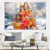 Lord Shiva, Parvati, Ganesha Canvas Painting - 1 Panel - HolyHinduStore
