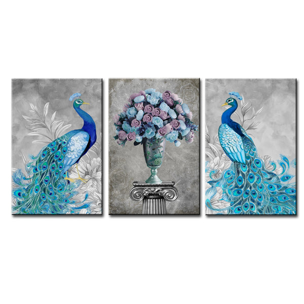 Peacock, Flower Printed Canvas Painting Wall Art – 3 Panels / Modern / Blue Gray - HolyHinduStore