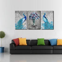 Peacock, Flower Printed Canvas Painting Wall Art – 3 Panels / Modern / Blue Gray - HolyHinduStore