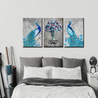 Peacock, Flower Printed Canvas Painting Wall Art – 3 Panels / Modern / Blue Gray - HolyHinduStore