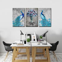 Peacock, Flower Printed Canvas Painting Wall Art – 3 Panels / Modern / Blue Gray - HolyHinduStore